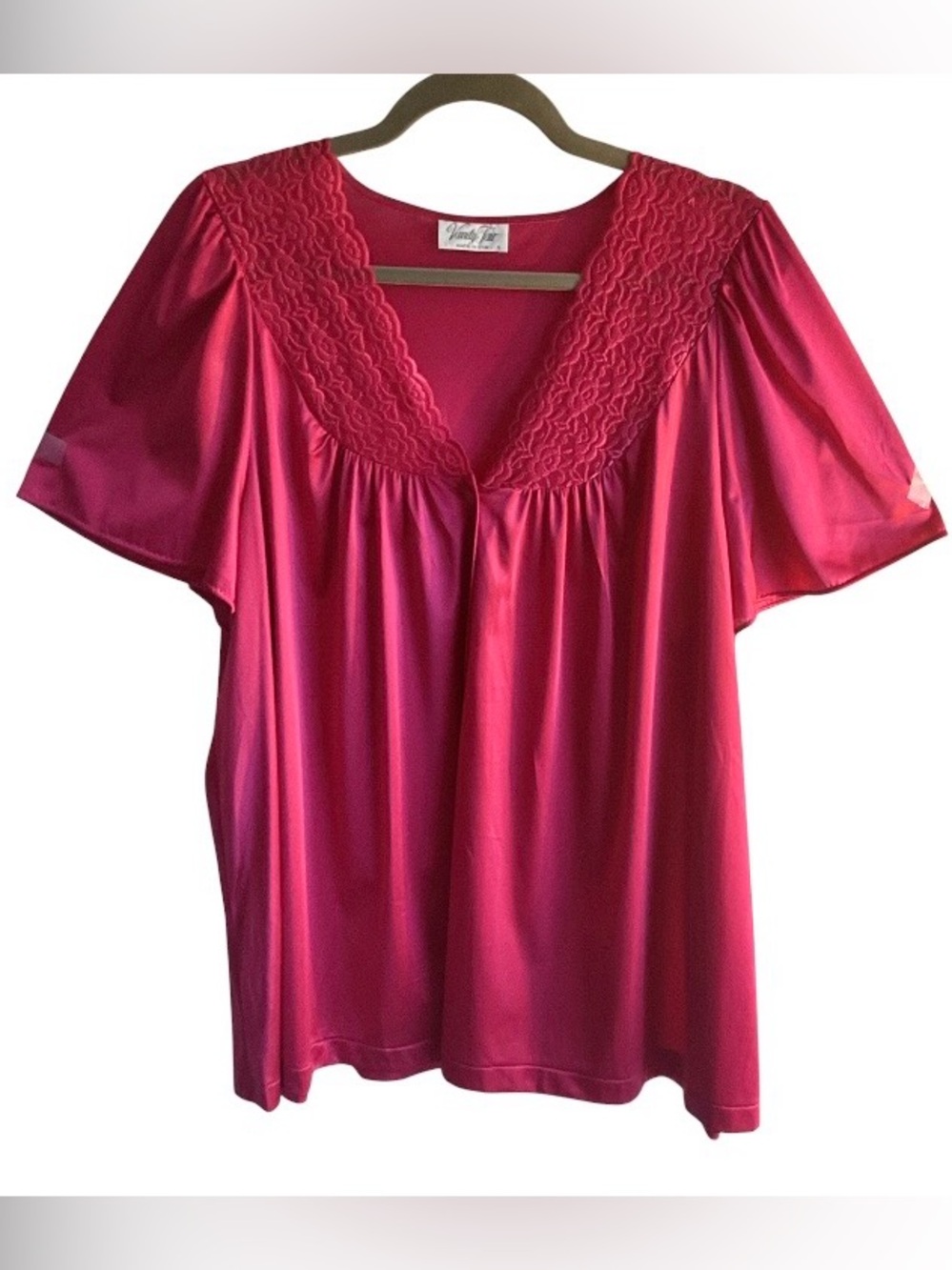 Vanity Fair Fuchsia Pink Satin Short Sleeve Pajama Top Size Large